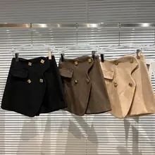 Pantalones cortos elegantes de doble fila para mujer, Shorts de cintura alta a la moda, informales, combinan con todo, prendas de invierno, 2021