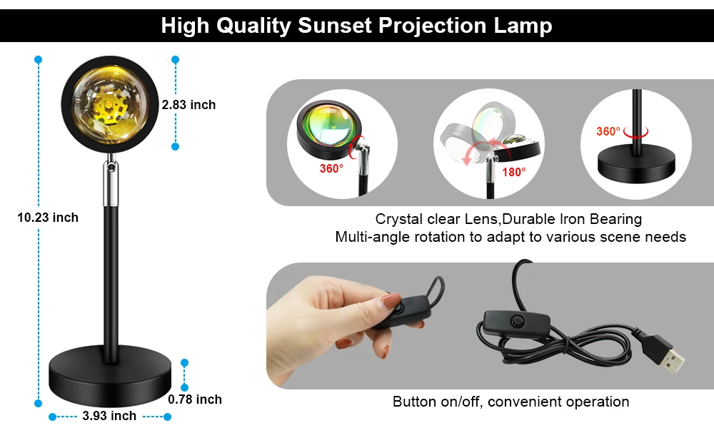 Sunset Projection Lamp,USB Port 180° Rotation LED Projector Lamp,For Bedroom  Selfie Atmosphere Creation led night light