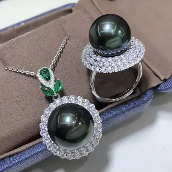 

D331 Pearl Set Fine Jewelry 925 Sterling Silver Natural 13-14mm Fresh Water Peacock Green Black Pearls Jewelry Sets for Women