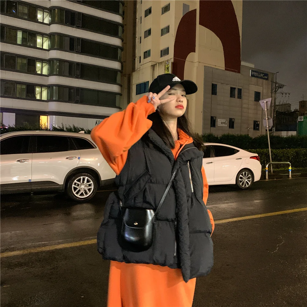 

2019 Winter Loose Versatile Drawstring Short down Coat Korean-Style CHIC Stand Collar Off-white Sleeveless Vest Cotton-padded Cl
