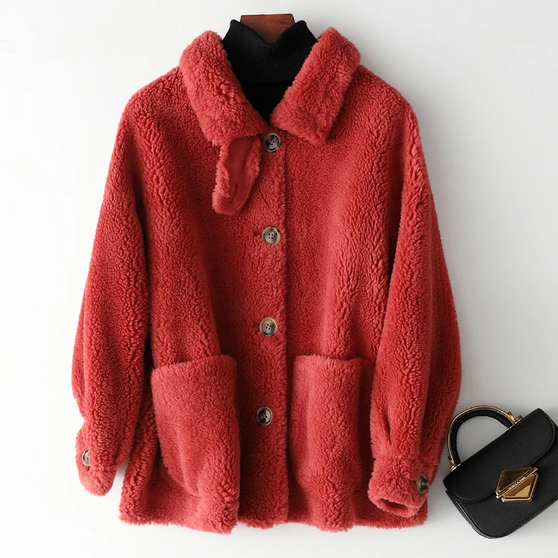 Red Real Fur Coat Female Winter Jacket Women Clothes Korean Short Sheep Shearing Jacket Vintage Warm Wool Coat Tops Hiver FR305 - Цвет: Red