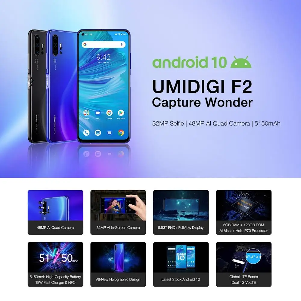 UMIDIGI F2 Smartphone Android 10 Helio P70 48MP AI Quad Cameras 5150mAh 6GB RAM 128GB ROM 6.53