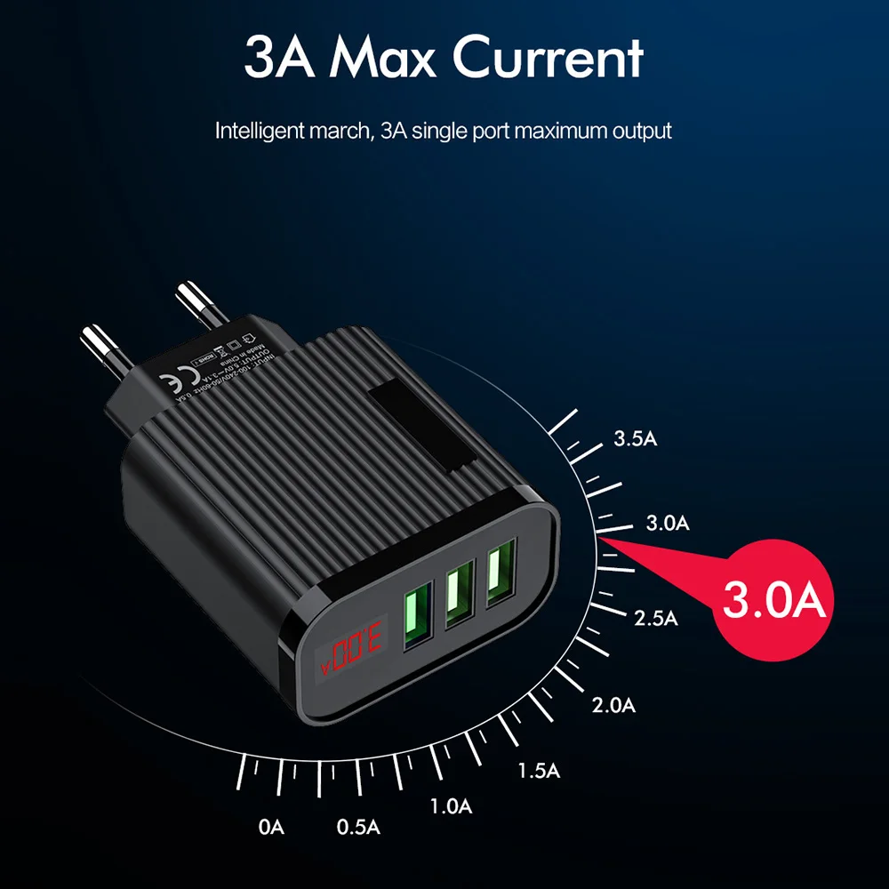 FLOVEME 3 Port USB Phone Charger LED Display EU Plug Adapter 3A Fast Charging Wall Charger 5