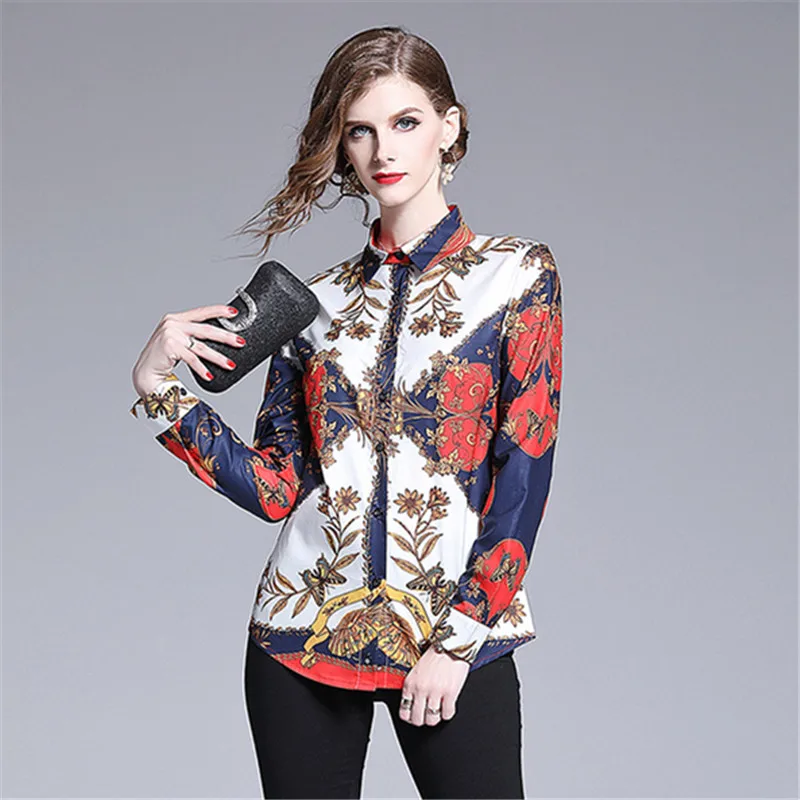 

2019 Luxury Print Shirt Women simple Blouses Vintage Long Sleeve Runway Designer Tops Ladies Office Shirts Blusas Mujer