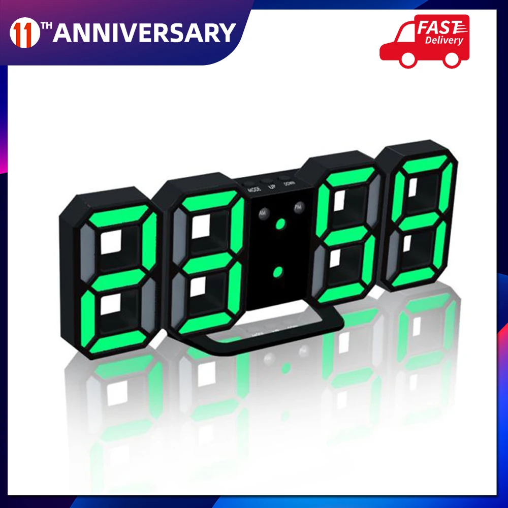 Digital Clock Display Brightness Adjustable Electronic Glowing 3D LED Wall-Hanging 24/12-Hour