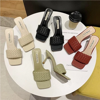 

New Weave Designer Women Slipper Ladies Thin High Heel Sandal 2020 Roman Style Open Toe Solid Color Outdoor Slides Woman Shoe