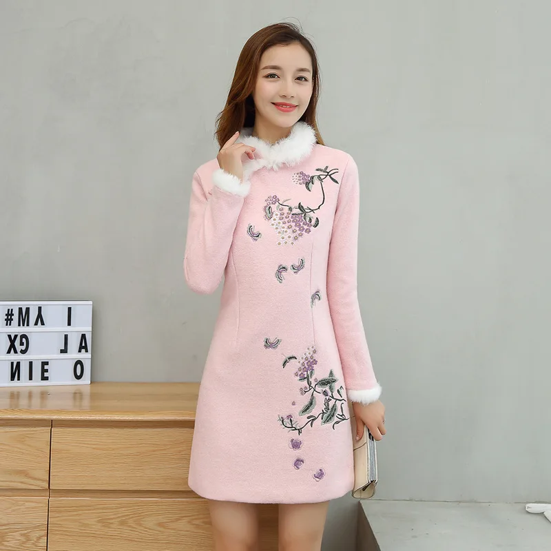 

Korean-style Slim Fit Embroided Dress Autumn And Winter New Style A- line Skirt Crew Neck Long Sleeve Mid-length Woolen Skirt