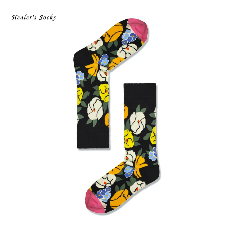 

1 pair of men and women socks cotton blue lotus trend funny fashion art skateboard gift Harajuku cute colorful hip hop tube sock