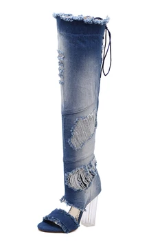 

Jeans Woman Blue Denim Boots Over The Knee Clear High Heel Peep Toe Hollow Out Shoes Summer Sexy Female Cowgirl Botines Mujer