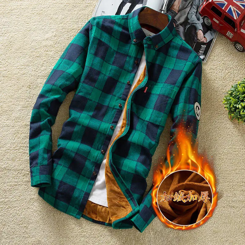 Plaid 05 4XL 5XL большой размер мужская деловая Повседневная клетчатая рубашка с длинными рукавами бархатная Толстая Теплая мужская деловая платье-рубашка в полоску плюс - Цвет: Plaid 05
