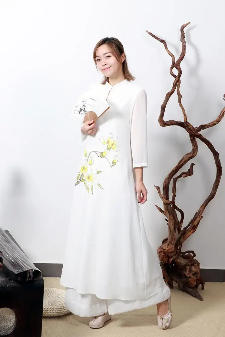 Традиционное китайское платье mujer vestido женское длинное хлопковое льняное платье cheongsam с рукавом три четверти