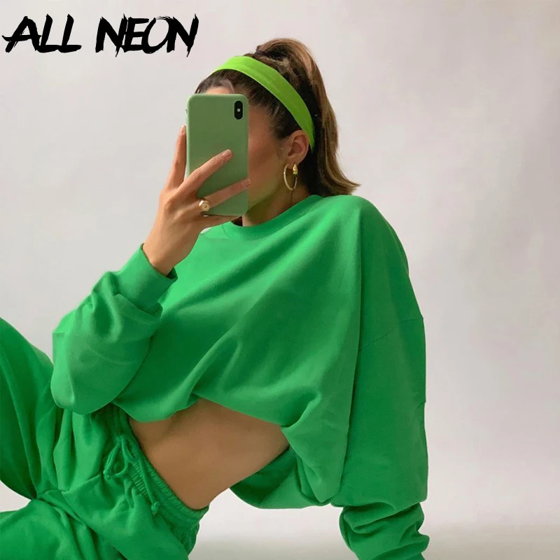 

ALLNeon E-girl Casual Green Oversized Sweatshirts Y2K Fashion Loosed Crewneck Long Sleeve Tops 90s Streetwear Autumn Pullovers