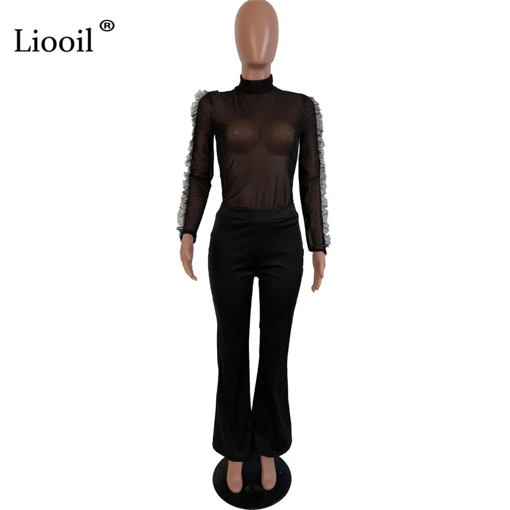 Liooil, черный, красный, комплект из двух частей, прозрачный сетчатый топ с рюшами и расклешенные штаны, длинные рукава, прозрачные вечерние, сексуальные Клубные наряды для женщин