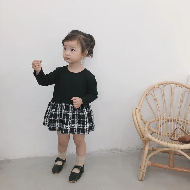2019 детское клетчатое пальто с длинными рукавами и платье комплект из двух предметов осенний хлопковый модный костюм с круглым вырезом +