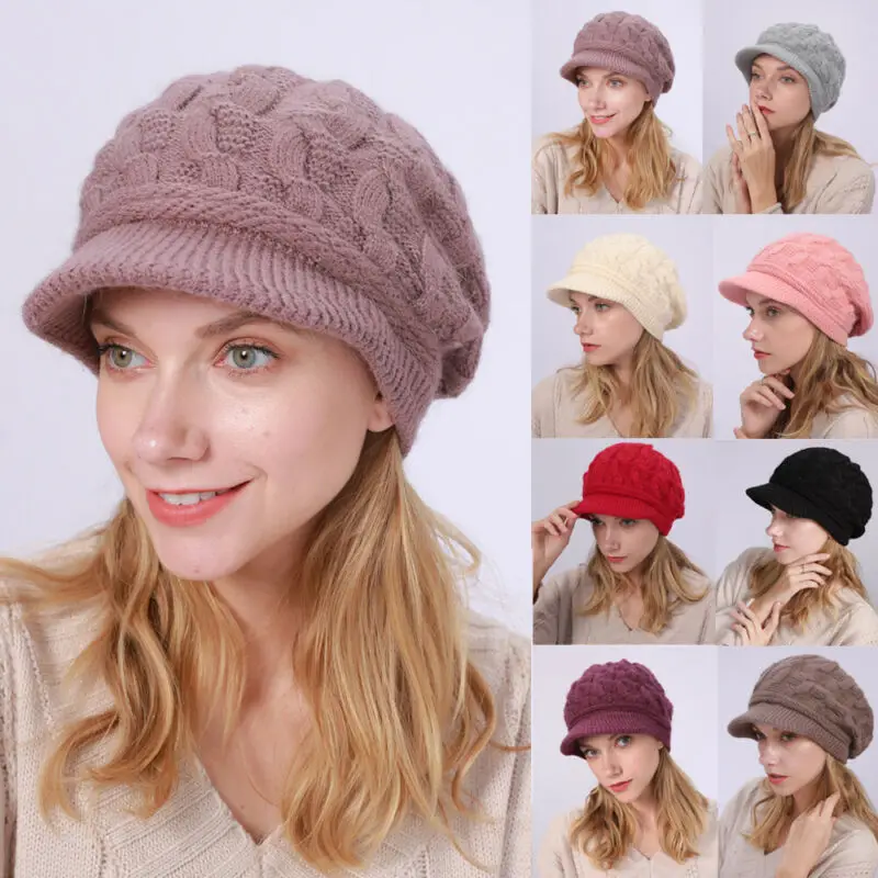 Women Girl Knit Beret Winter Warm Baggy Beanie Knit Crochet Hat Slouch Ski Brim Slouchy Peaked