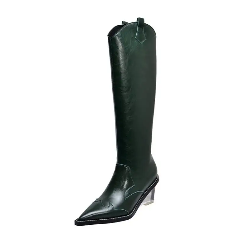 Buono Scarpe/Сапоги до колена из натуральной кожи; женская обувь на танкетке с острым носком; женские высокие сапоги в западном стиле на прозрачном каблуке; Botas Fenimina - Цвет: Зеленый