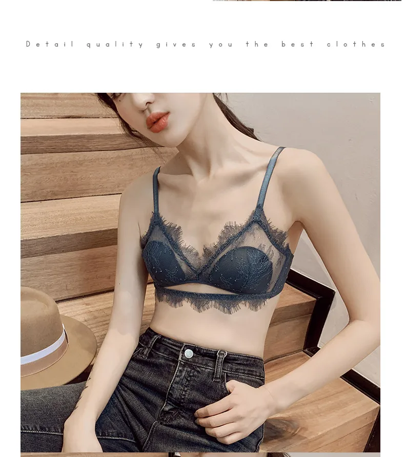 French lace embroidered bra sexy ultra-thin lace bra thin transparent half-cup underwear suit