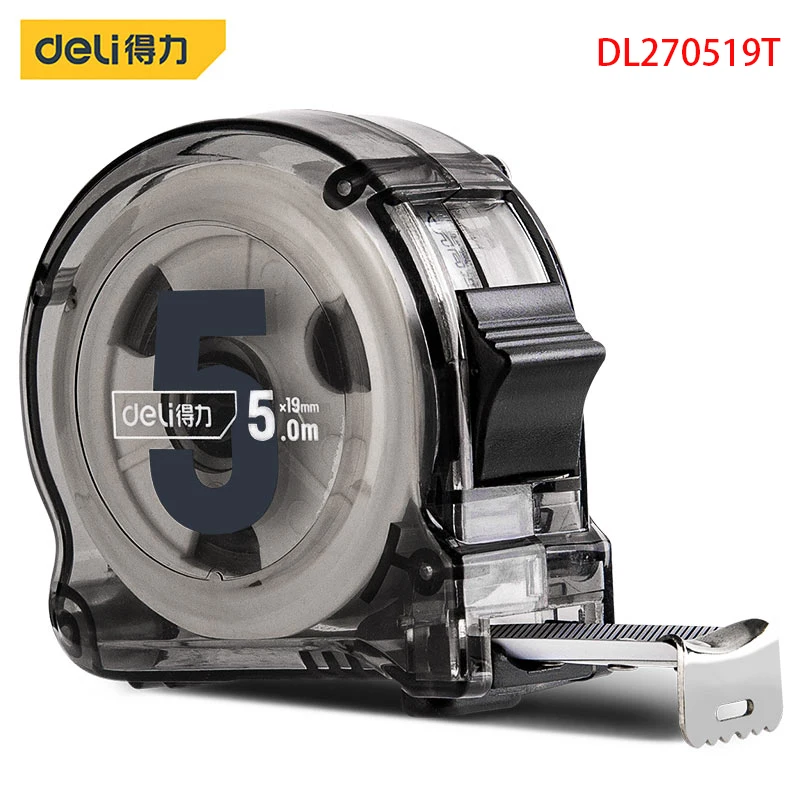 Deli DL270519T Transparent Steel Ruler Measuring Tools Carbon Steel Tape Specification: 5mx19mm Transparent Tape Measure Shell