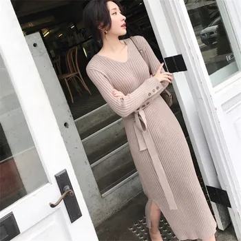 

women's ankle length knitted dresses autumn long sleeved sexy split dresses with sashes slim fashion ladies winter inner outfits