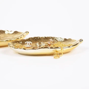 

New Decorative Gold Leaf Ceramic Plate Dish Porcelain Candy Trinket Dish Jewelry Fruit Serving Tray Storage Plate Crockery Table