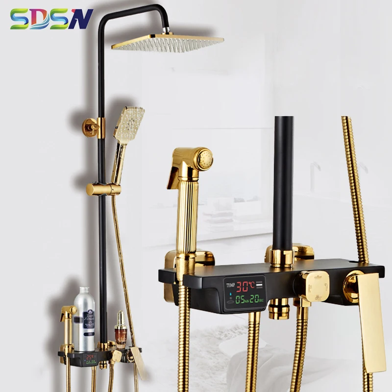 

Digital Shower Set Black Gold Bathroom Shower System 10 Inch Square Shower Head Brass Bath Shower Faucet Thermostatic Shower Set