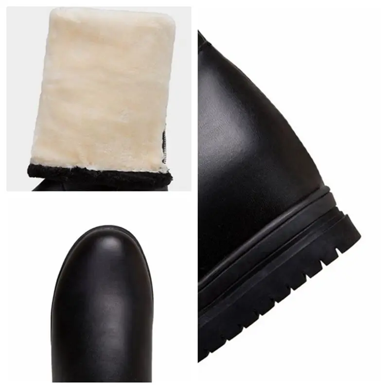 ASILETO Round Toe Flat Zipper Warm Solid Wool Sock Short Plush Knee High Faux Leather Snow Boots Black White Pink Size 34-43