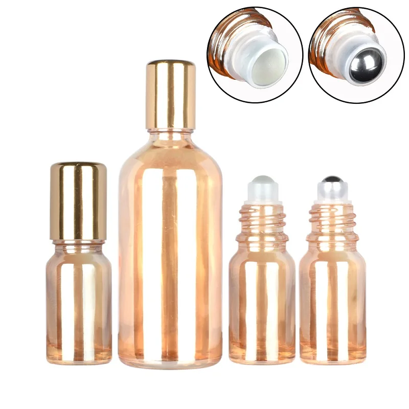 

Roll on Refillable Bottle Empty Amber Gold Glass 5ml-100ml Steel Roller Glass Bead Cosmetic Essence Essential Oil Vials 15pcs