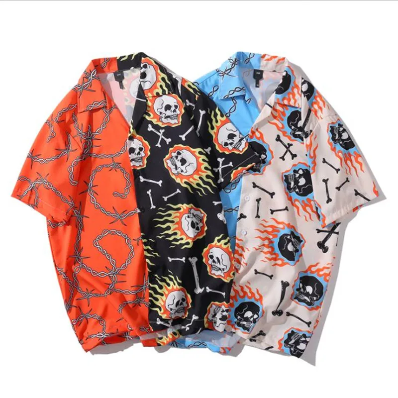 Shirt Tops Short-Sleeve Skull-Chain Fire Harajuku Streetwear Men Summer Hip-Hop Beach
