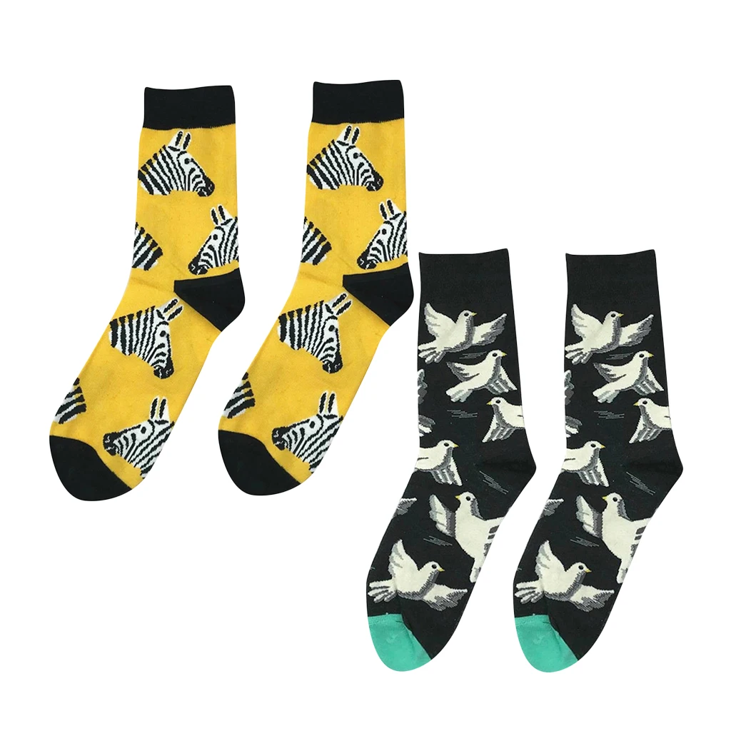 Novelty 2 Pairs Men Casual Cotton Stockings  Zebra Bird Pattern Universe Film Stockings Knight Spring Autumn winter Funny Socks 