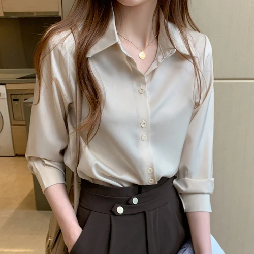 Women's Silk Shirts V-neck Solid Laides Tops Womens 2021 Fall Fashion Satin Long Sleeve Blouses Button Up White OL Vintage Top Champagne