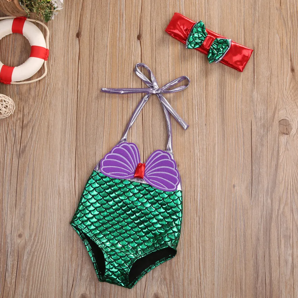 

0-8Y Kids Swimwear Girls Mermaid Tail Bikini Sets Shellfish Scale Mermaid Print Lace-up Swimwear Summer Beachwear Clothes 2pcs