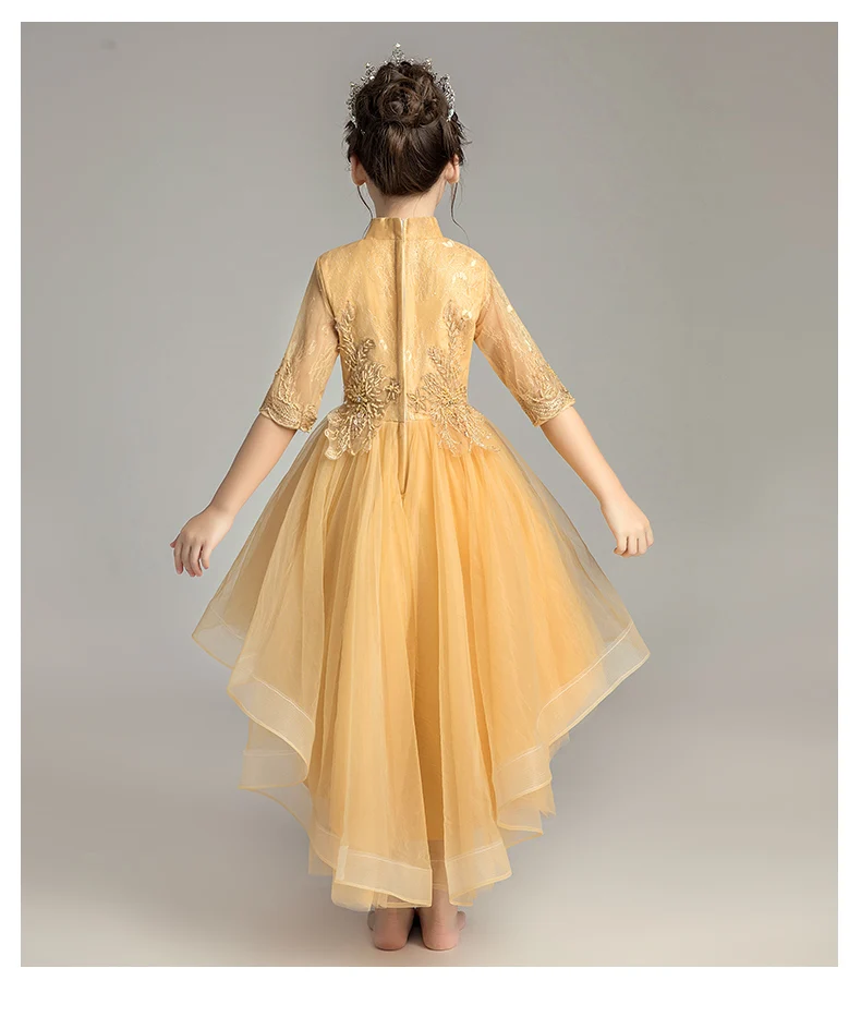 Детские кружевные платья принцессы с золотыми блестками и бусинами; длинные фатиновые Платья с цветочным узором для девочек на свадьбу; многослойные фатиновые платья для первого причастия