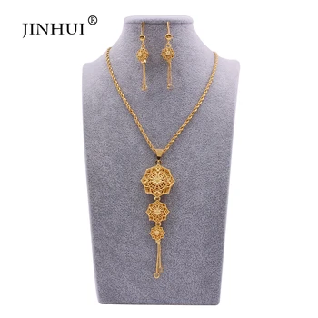 

Dubai 24K new gold color jewelry sets necklace pendant earrings set for women African France wedding party ornament bridal gifts
