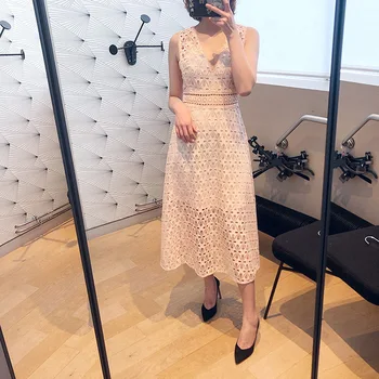 

Women Dress 2019 Spring and Summer Slim Sleeveless Mesh Dress Openwork Crochet Dress