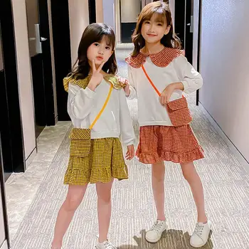 

2020 Spring Dress Girl Plaid Patchwork Fake 2PCS Party Girls Dress Peter Pan Collar Dress For Girls Cute Summer Girls Clothes
