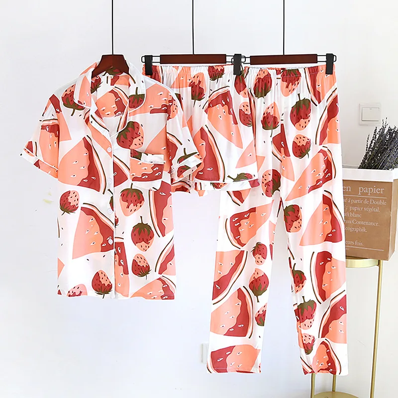 

3PCS Pajamas Women's Sleepwear Spring Summer 100%viscose Pajamas Short Sleeve Tops+ shorts + Pants Soft Loose Homewear Mujer