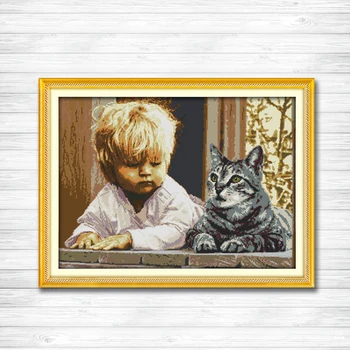 

boy and cat kid animal diy painting counted printed on canvas DMC 11CT 14CT kits chinese Cross Stitch embroidery needlework Sets