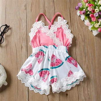 

Korean Style Newborn Baby Rompers Sleeveless Lace Cartoon Watermelon Print Rompers For Toddler Girls Children Casual Outfits