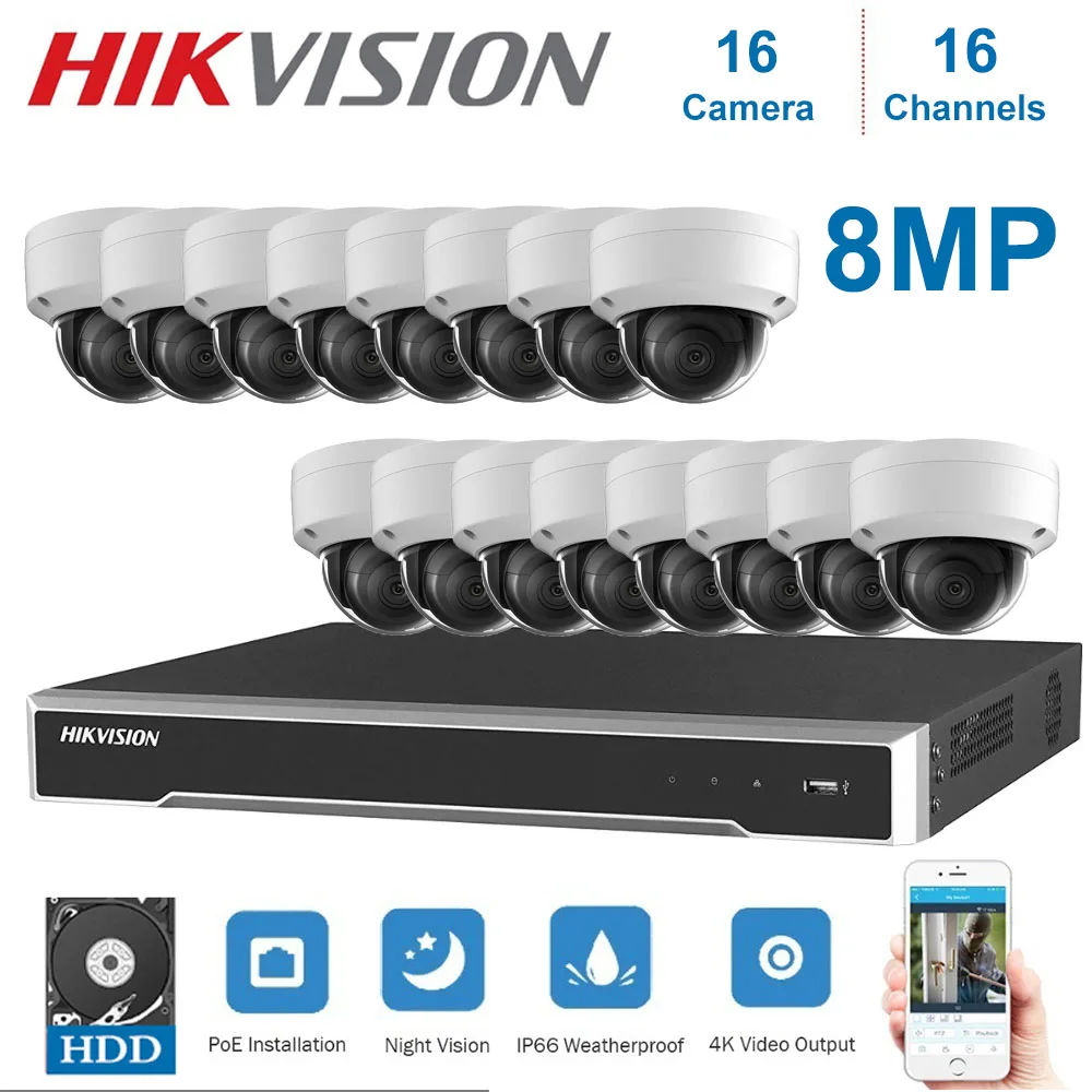 

Hikvision 4K Network 16 Channel POE NVR Video Surveillance and 16 Piece POE Dome Night Vision Camera Kit