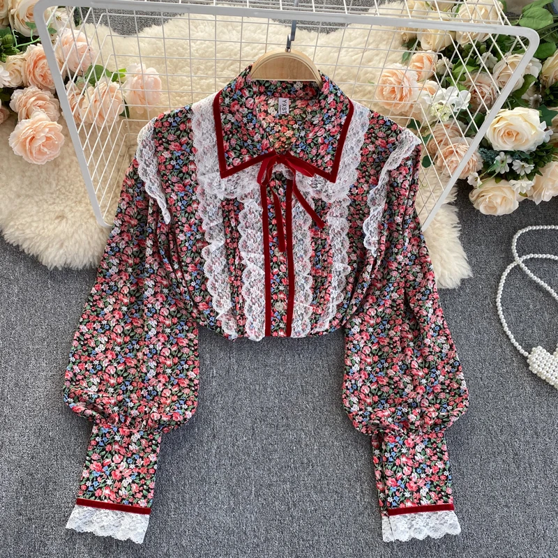 Sweet Floral Shirts Women 2021 Lace Patchwork Long Sleeve Bowknot Shirt Ladies Top Puff Sleeve Blouse Korean Clothes silk blouses