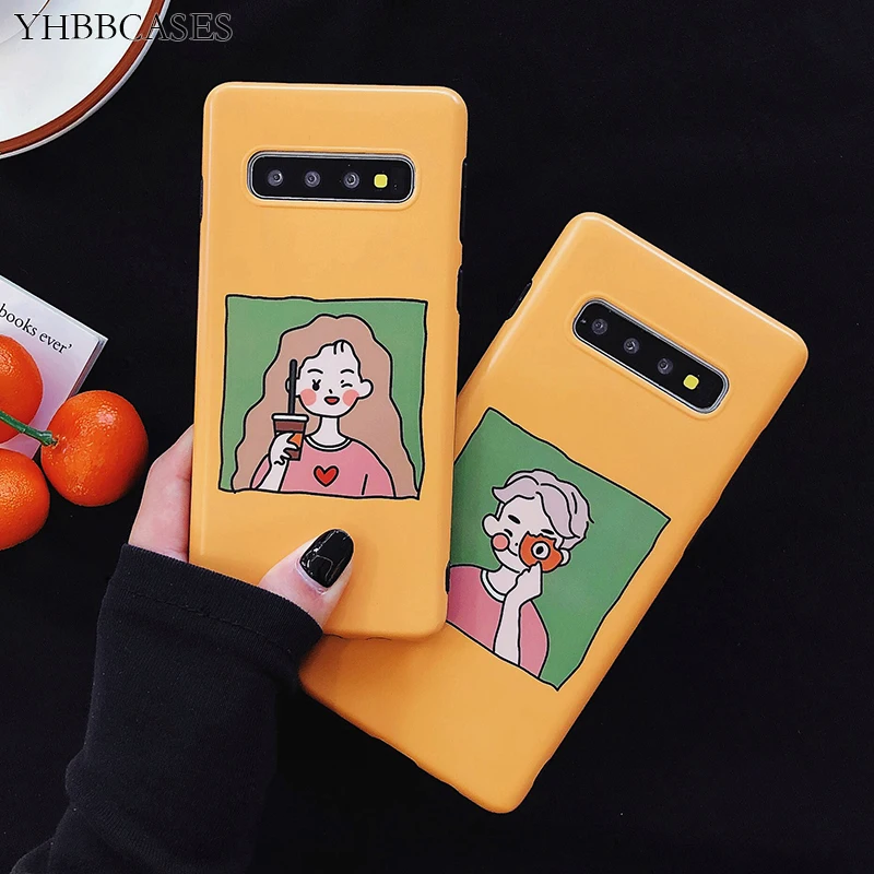 

YHBBCASES For Samsung Galaxy S10 Plus S8 S9 Boy Girl Cartoon Photo Soft Case For Samsung Note 8 9 Couples Yellow IMD Phone Cover