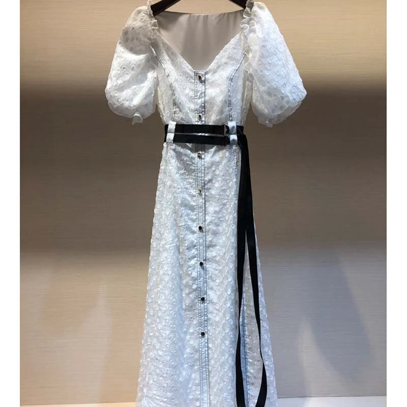 

Cosmicchic 2020 Runway Designer Maxi Dress Puff Short Sleeve High Waist Elegant Party Long Dress Button White Dots Belt Dresses