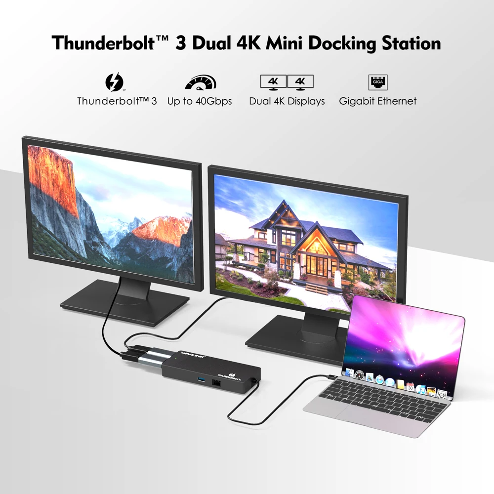 Док станция Wavlink Thunderbolt 3 USB C Dual 4K @ 60Hz DisplayPort 5K с 0 Gigabit Ethernet для ноутбука Macbook