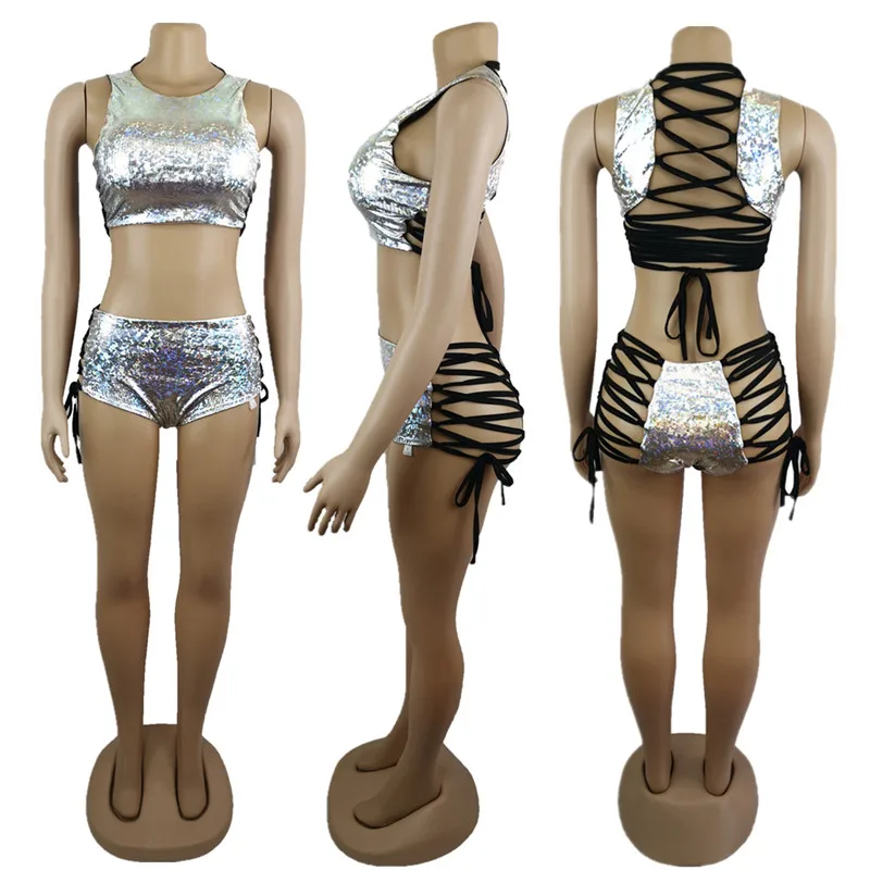 2 Piece Sets Holographic Crop Top And Hot Shorts Women Sexy Lace Up Festival Party Rave Clothing Two Piece Set