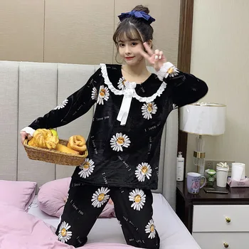 

2020 Winter Warm Pajamas Set For Women Sleep Set Velvet Homewear Warm Pijama Women Pyjama Set Female Sleepwear printing 2PC