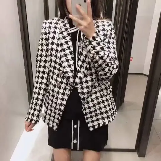 Autumn Clothing Western Style New Style WOMEN'S Dress Western Style Suit Black And White Lattices Thousands of Birds CHIC Coat