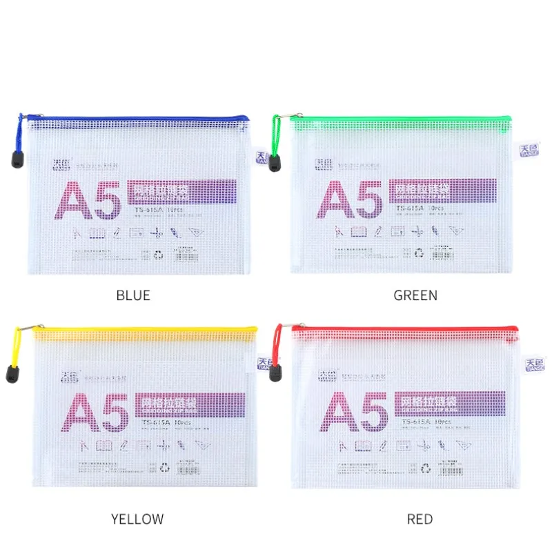

TIANSE 10pcs A5 Waterproof Plastic File Bag Zipper Paper Book Pencil Pen Case Bag Document Bag for Office Student Supplies