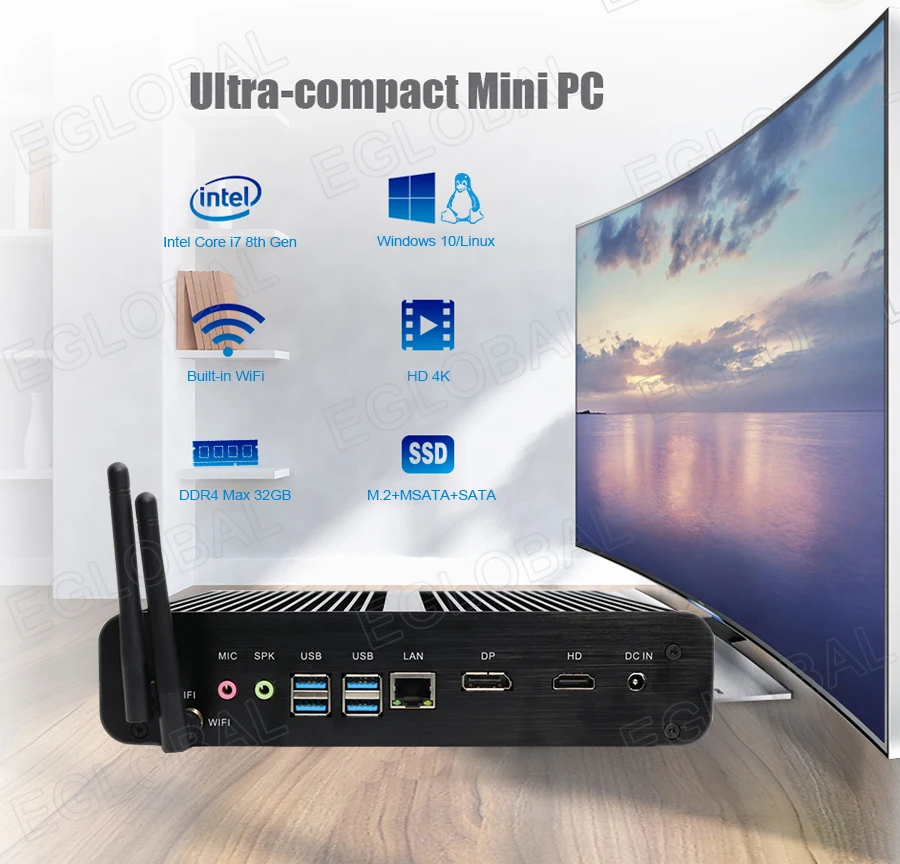 Процессор EGlobal fanless Мини ПК Intel Core i7 7500U оконные рамы 10 Micro компьютер SD карты DP HDMI 4K Дисплей Беспроводной Wi-Fi 4 USB3.0