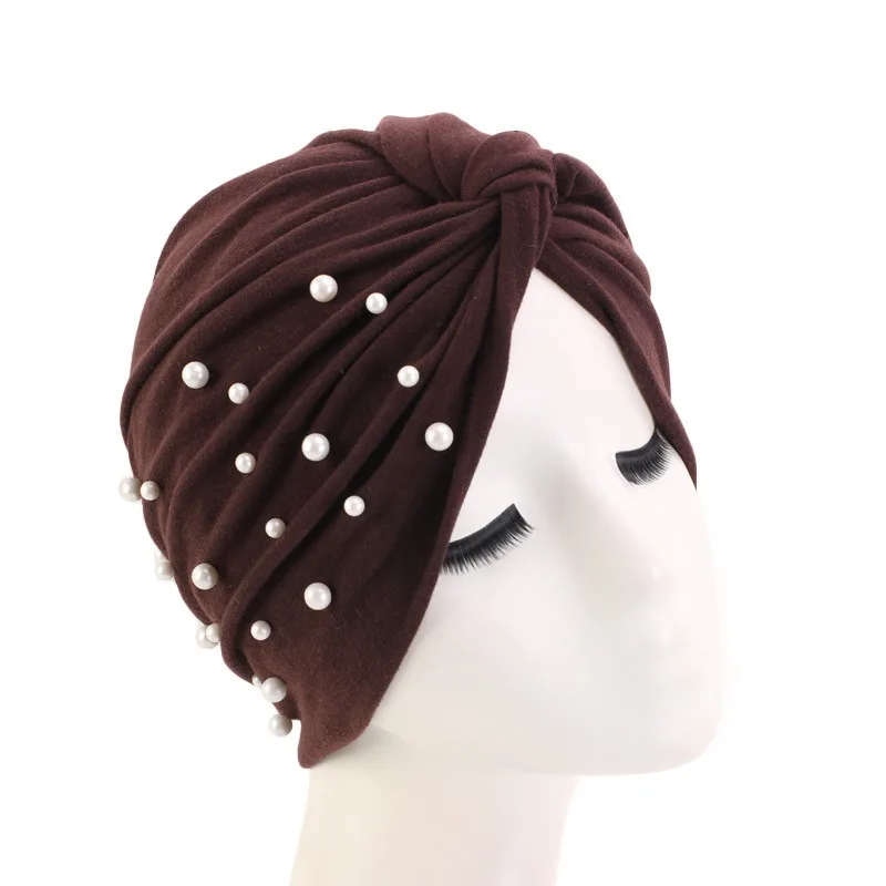 Мусульманские женщины эластичный крест жемчуг тюрбан из хлопка шляпа шапочка при химиотерапии головной убор для рака аксессуары для волос - Цвет: Brown