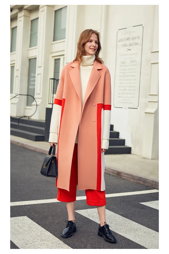 AEL woman's pink double woolen coat Rear slit New fashion patchwork women's popular woolen lattice overcoat female